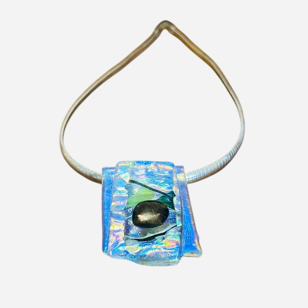 Elegant handcrafted Blue and Silver dichroic fused glass pendant